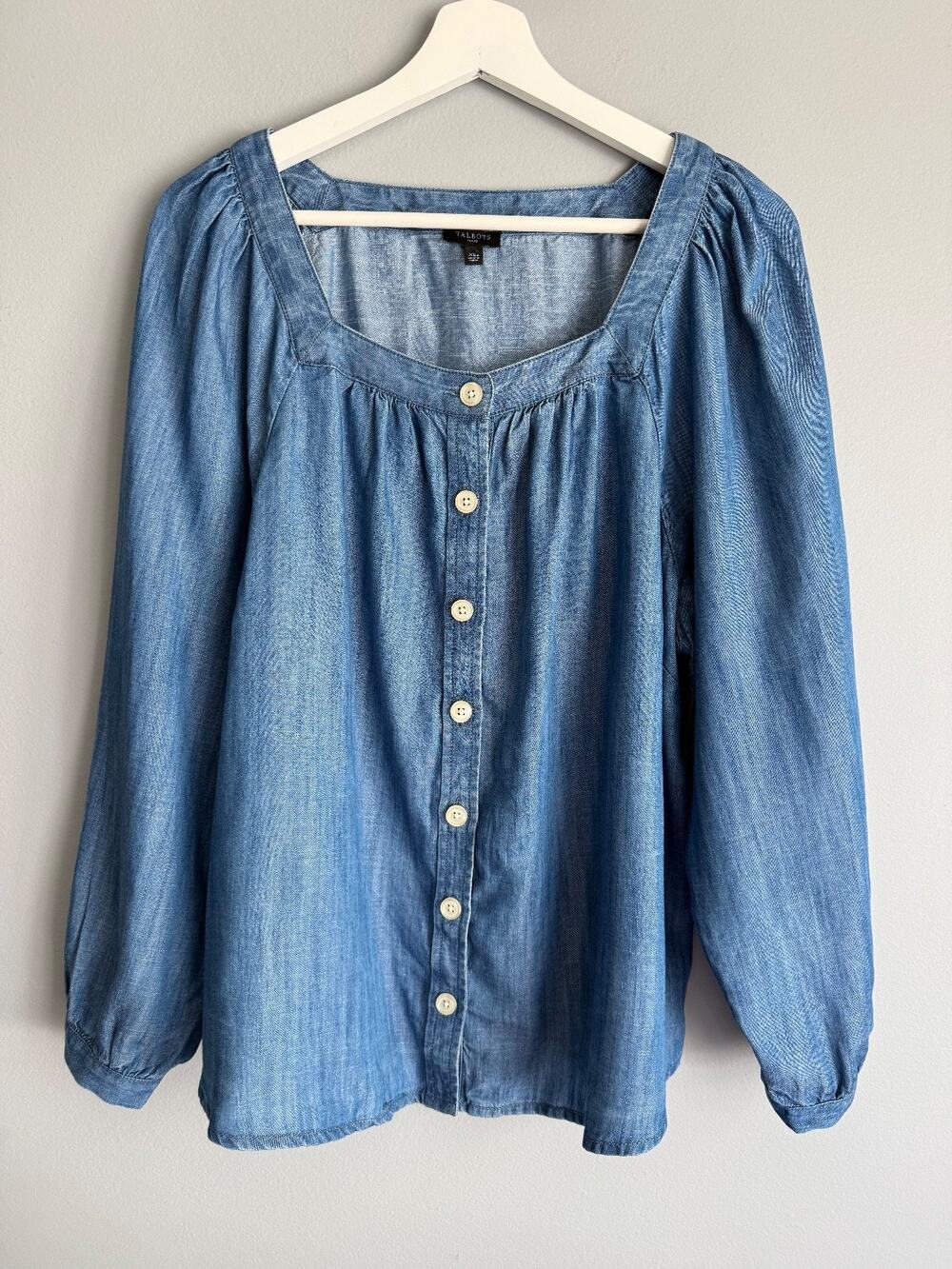 Talbots Petite Women Tencel Chambray Blouse XLP Blue Boho Cottagecore Bohemian